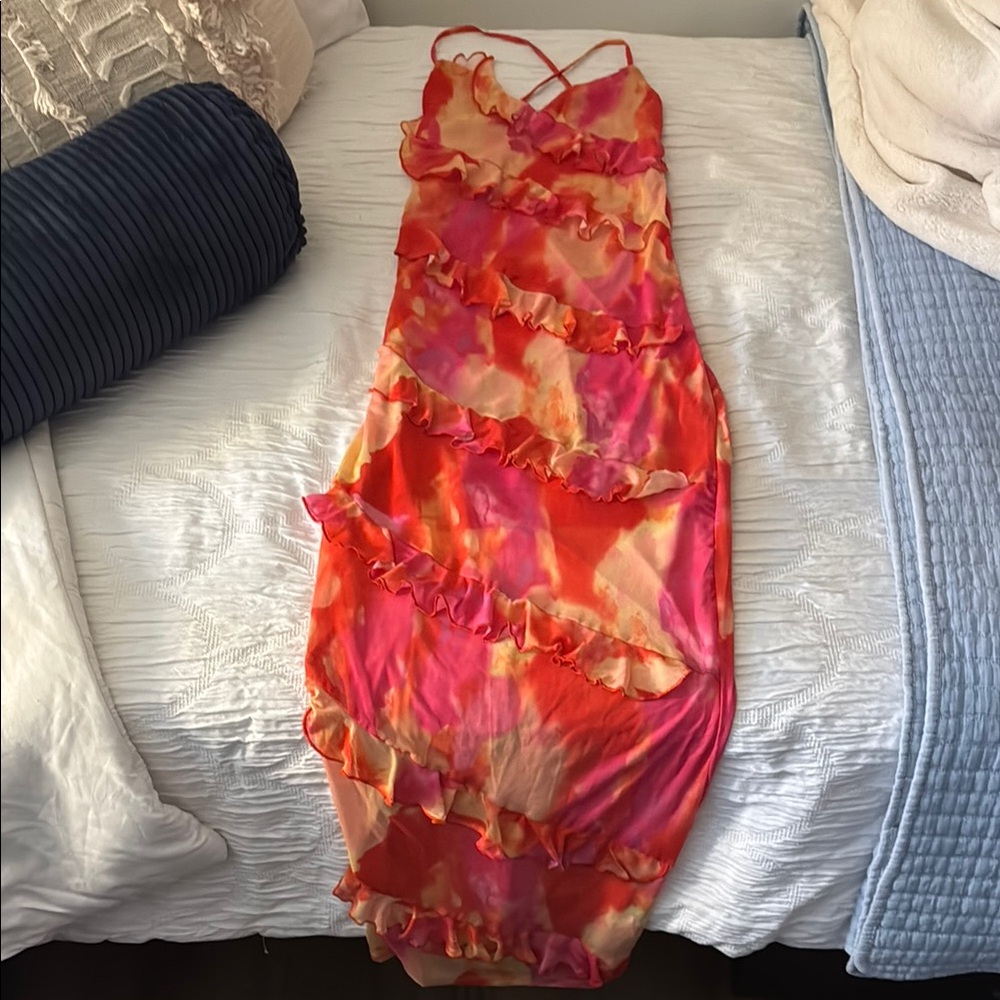 Cute lace up in back brunch dress, red, yellow, pink, and orange.